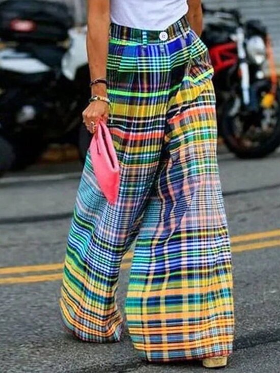 MODA ME COUTURE Pants - Multicolor Casual Women's Plaid Loose Straight Leg Pants